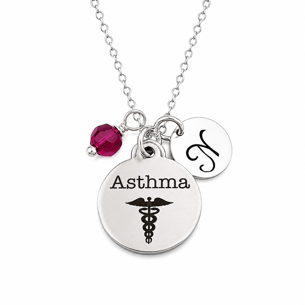 Asthma Medical Alert Necklace – Stainless Steel Caduceus Charm Sterling Silver Chain – Personalized Initial Birthstone Jewelry