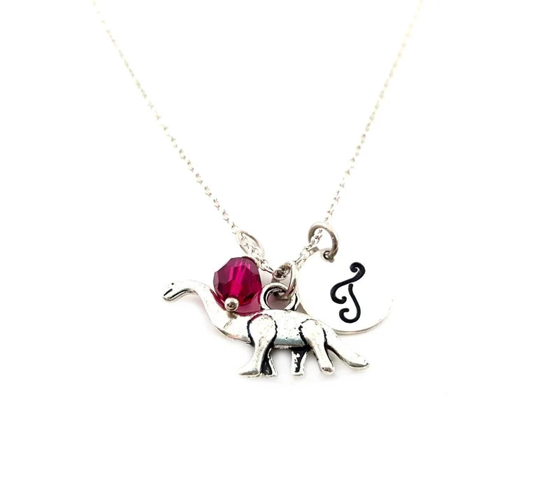 Personalized Brontosaurus Necklace – Sterling Silver Chain with Birthstone & Initial