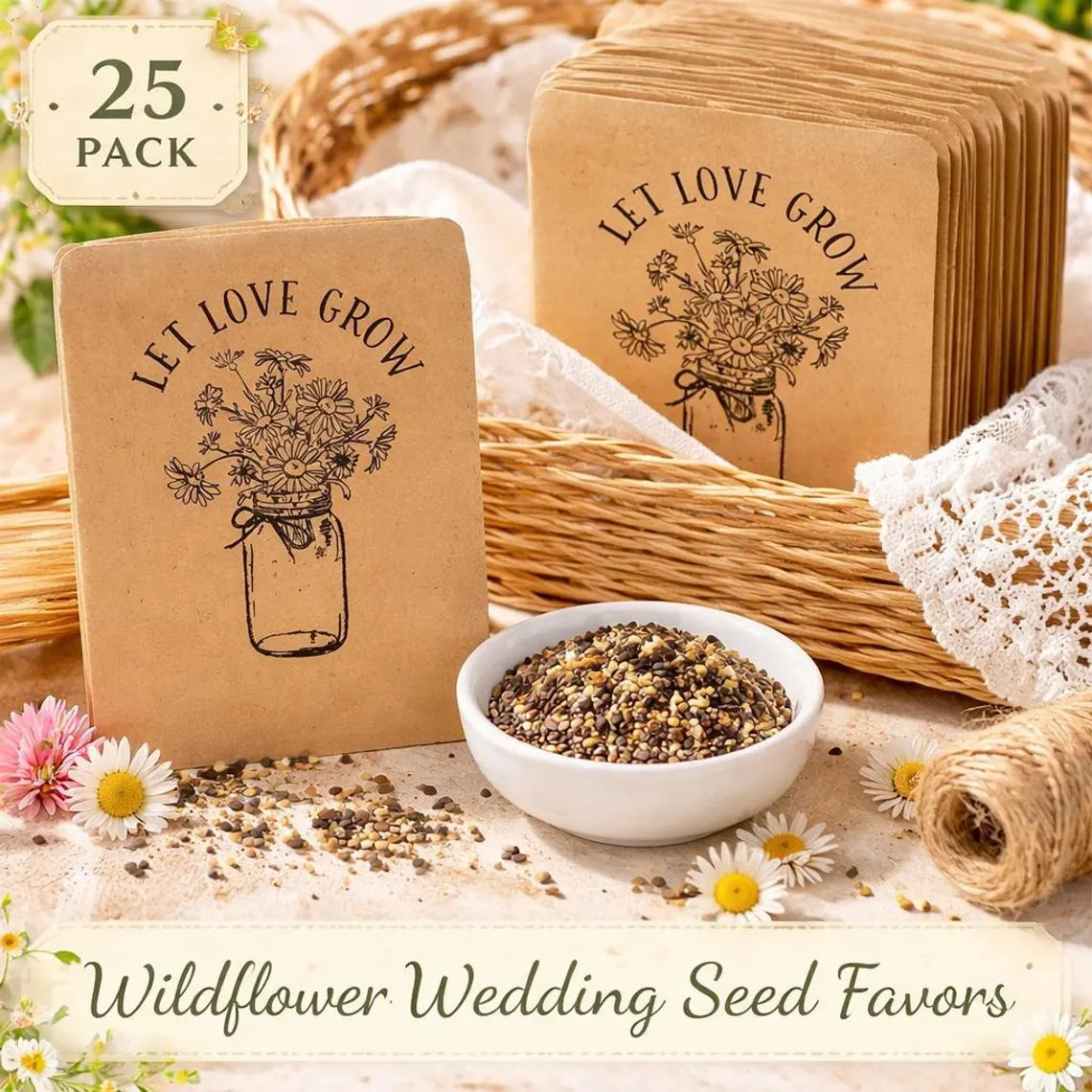 25 Pack Wildflower Seed Wedding Favors – Let Love Grow Mason Jar Packets
