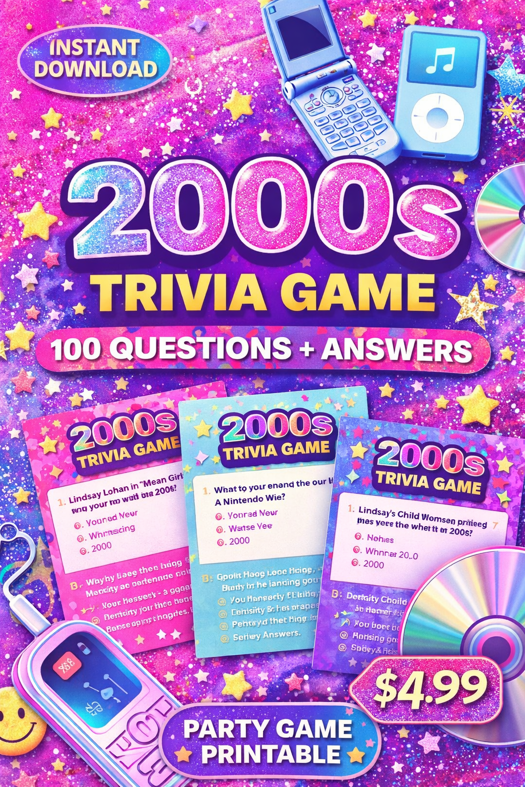 2000s Trivia Game Printable – 100+ Questions with Answers – Instant Download Party Game