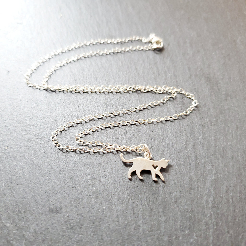 Cat Charm with Heart Cutout Necklace - Sterling Silver Jewelry
