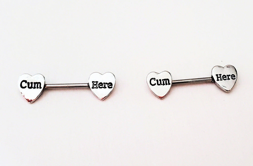 'Cum Here' Pierced Nipple Barbells 14G Sexy Nipple Rings Jewelry