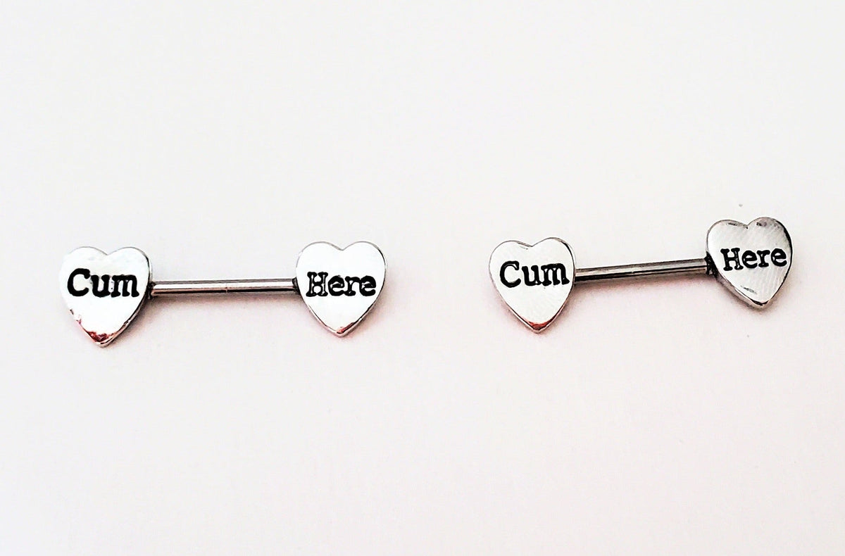 'Cum Here' Pierced Nipple Barbells 14G Sexy Nipple Rings Jewelry
