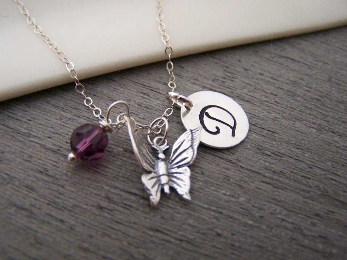 Personalized Butterfly Necklace – Solid Sterling Silver Charm with Birthstone & Initial