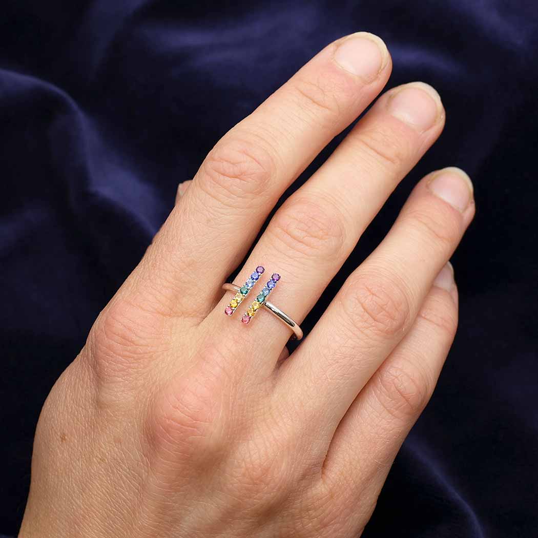 Adjustable Rainbow Bar Ring – Sterling Silver with Nano Gems