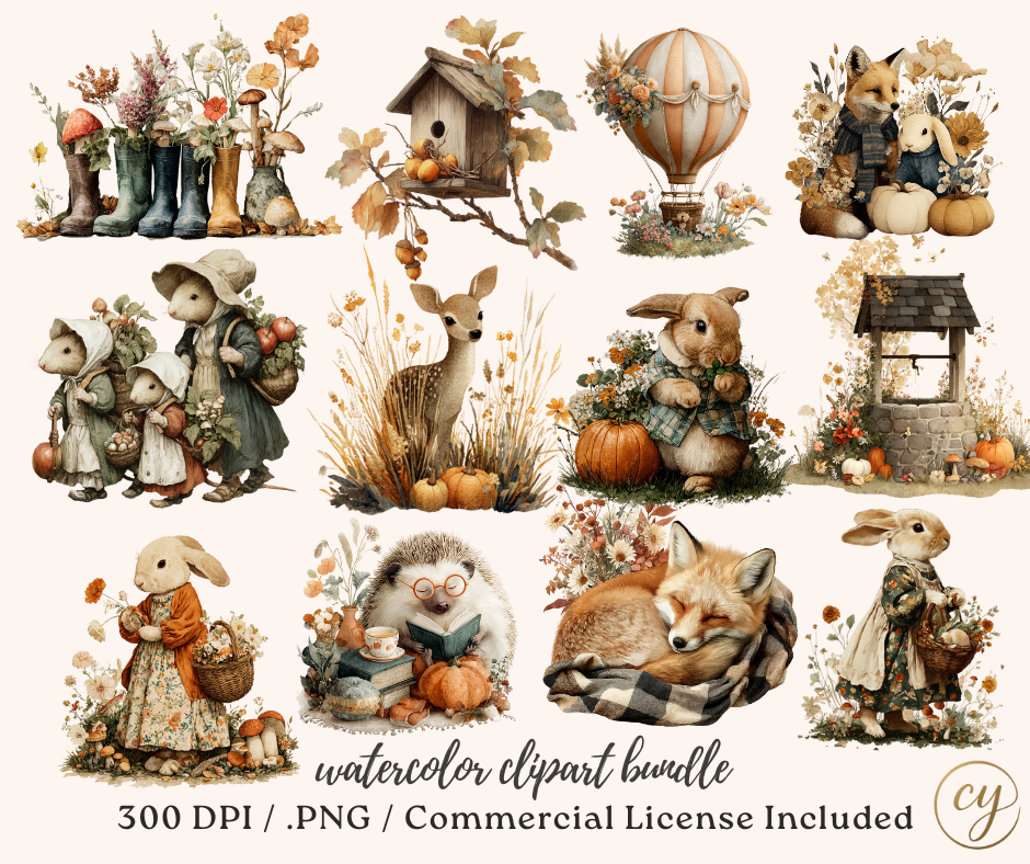 Autumn Woodland Animals Watercolor Clipart Bundle | 108 Cute Fall Critters & Cottagecore Scenes