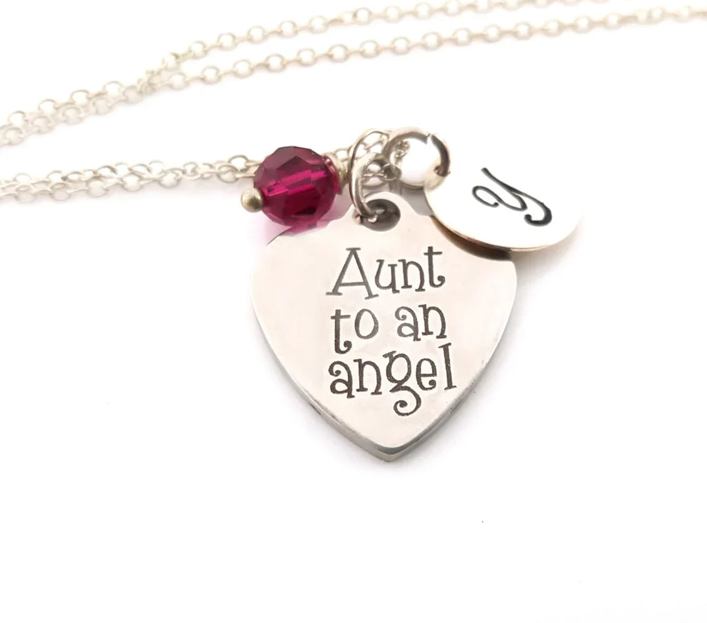 Aunt to an Angel Necklace – Sterling Silver Chain with Birthstone & Initial