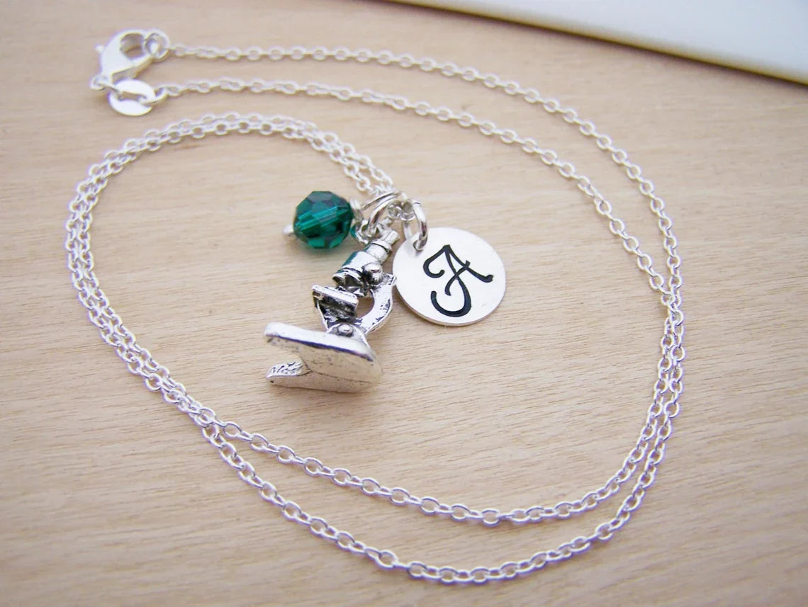 Personalized Microscope Necklace – Sterling Silver Chain with Birthstone & Initial