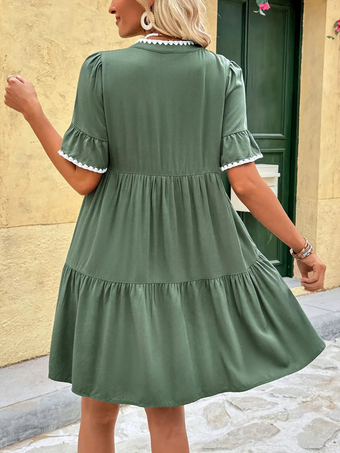 Lace Detail Notched Flounce Sleeve Mini Dress