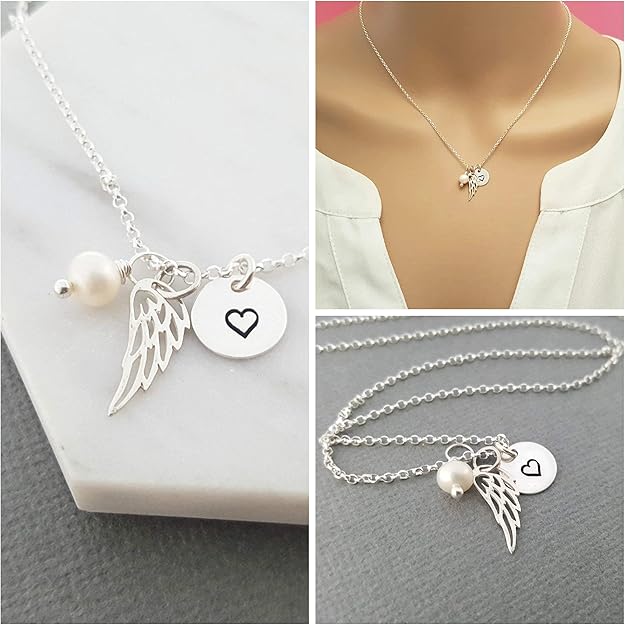 Angel Wing Necklace With Pearl & Heart Disc