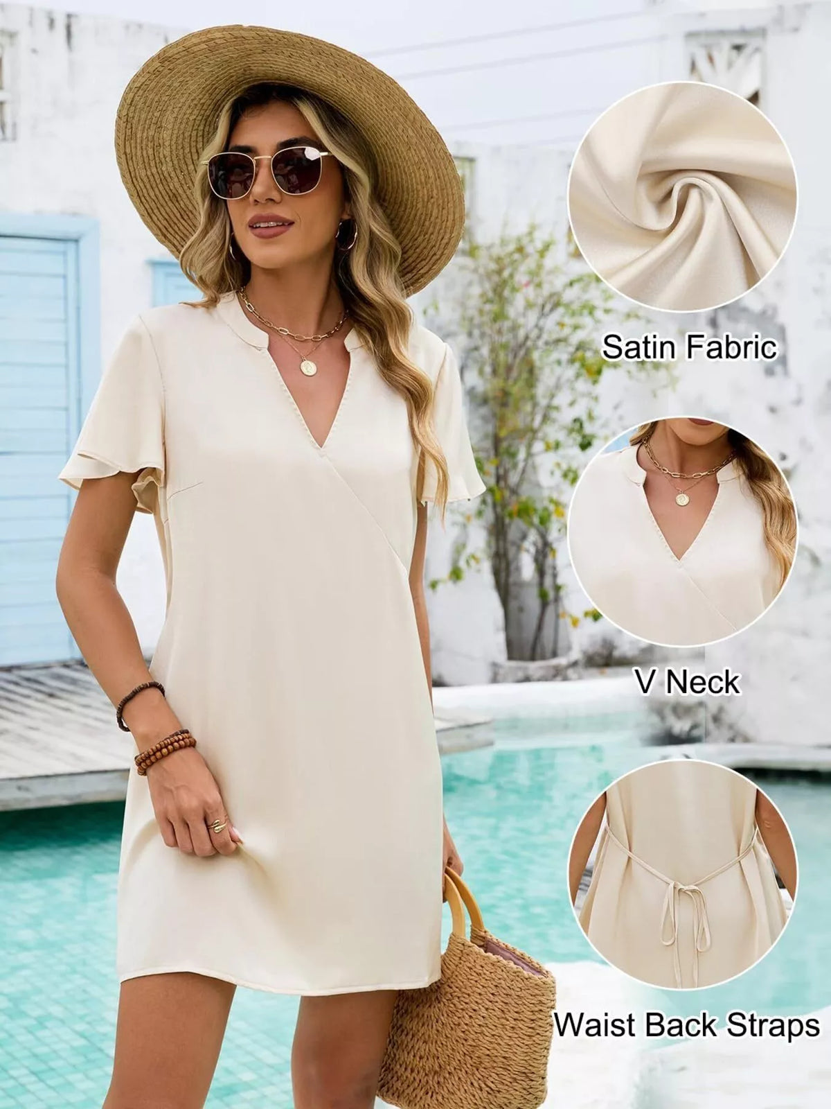 Notched Flutter Sleeve Mini Dress