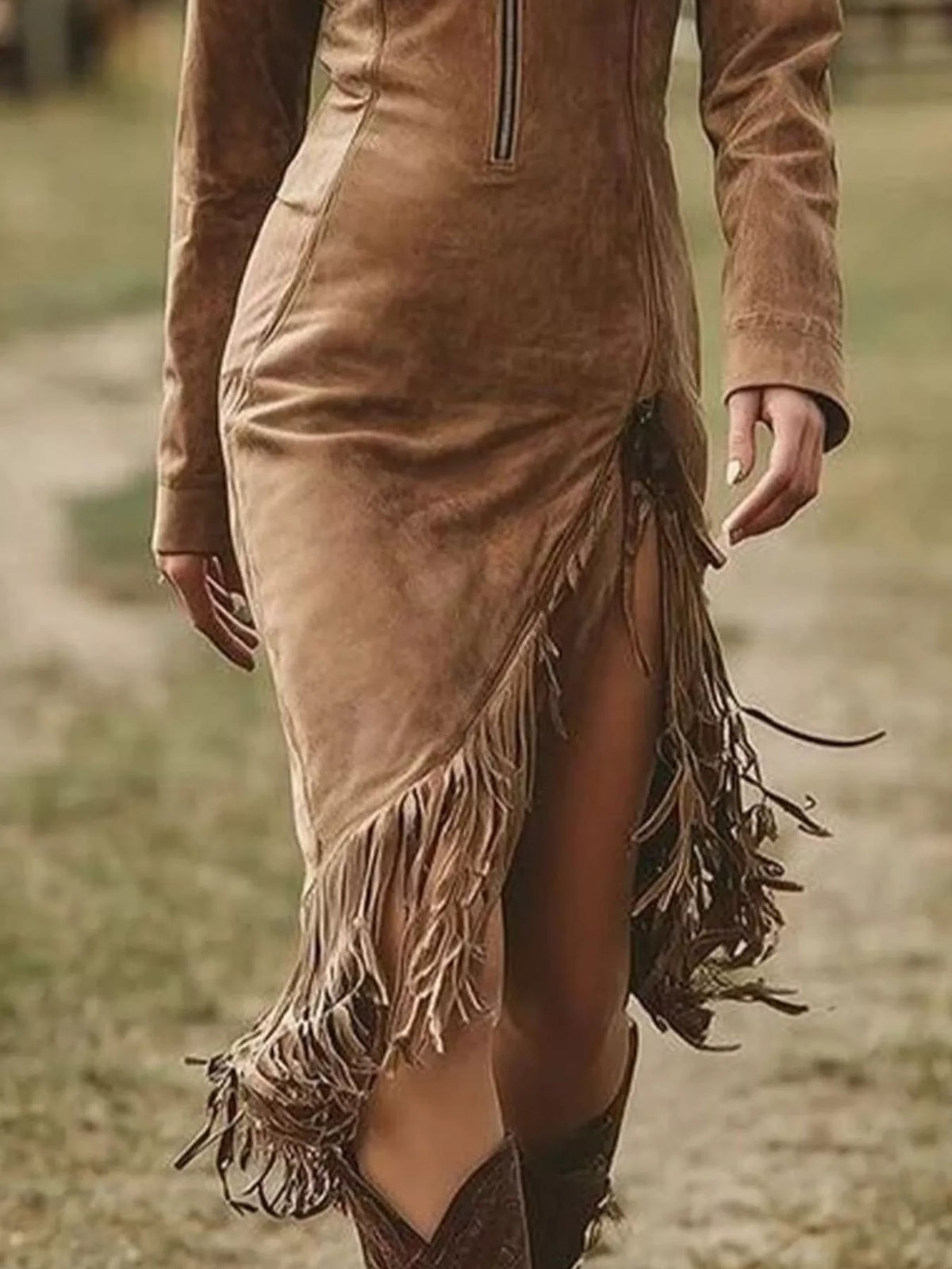 Fringe Hem Zip Front Bodycon Dress