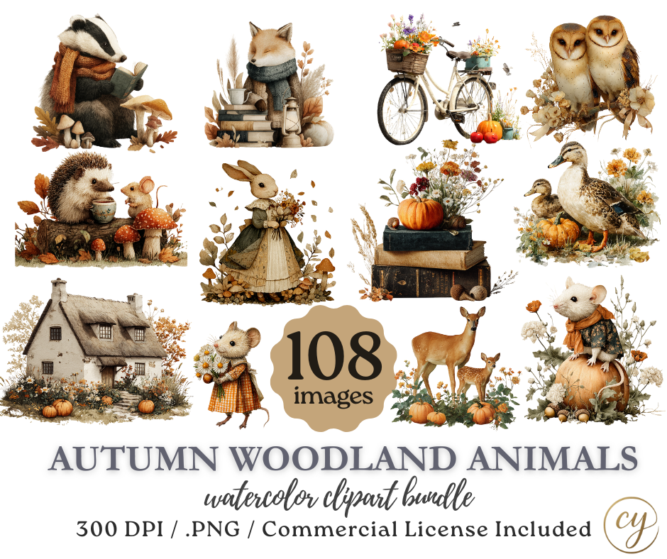 Autumn Woodland Animals Watercolor Clipart Bundle | 108 Cute Fall Critters & Cottagecore Scenes