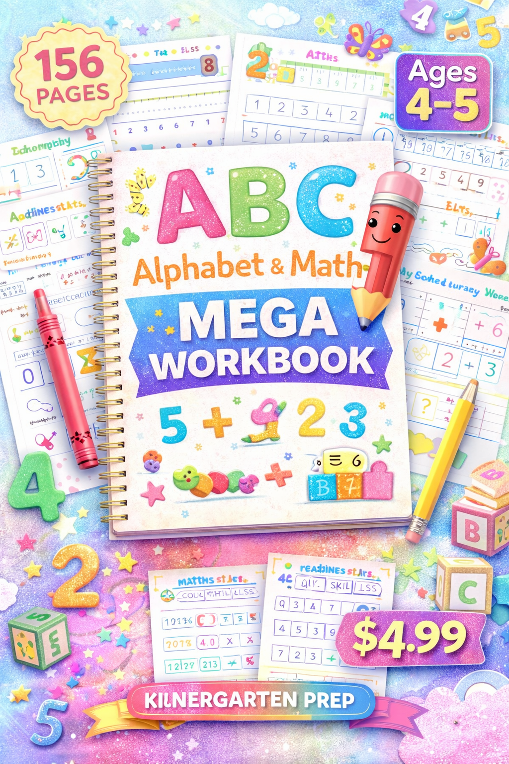 Alphabet + Math Mega Workbook | 156 Pages for Kindergarten Prep (Ages 4–5)
