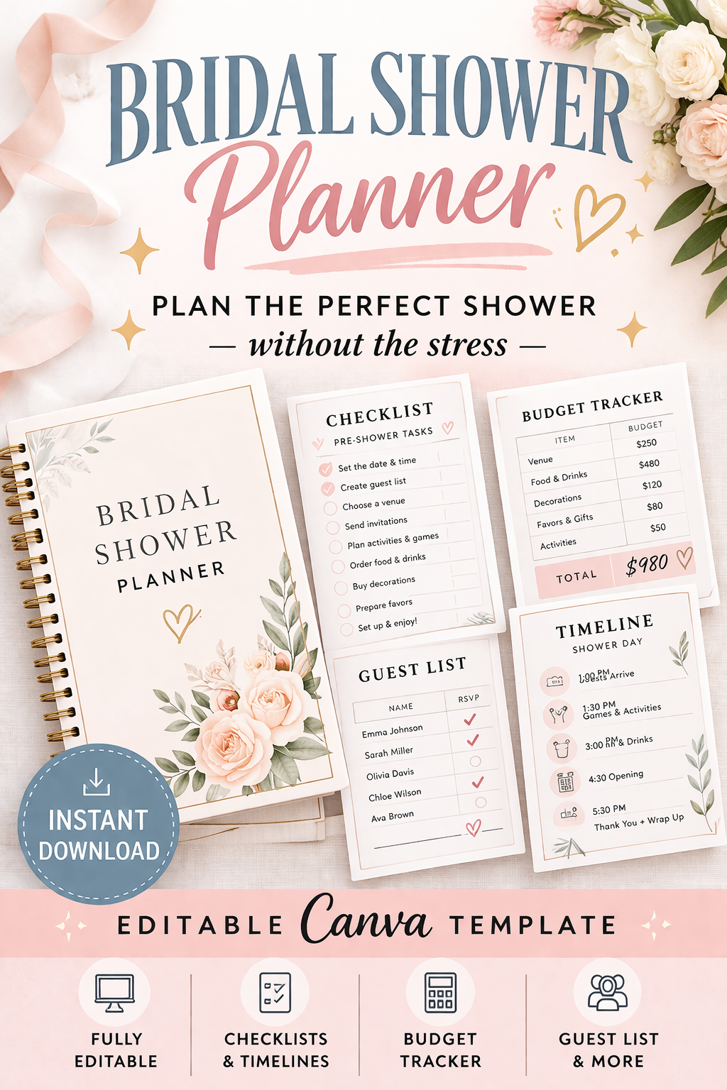 Bridal Shower Planner Printable - Editable Canva Template