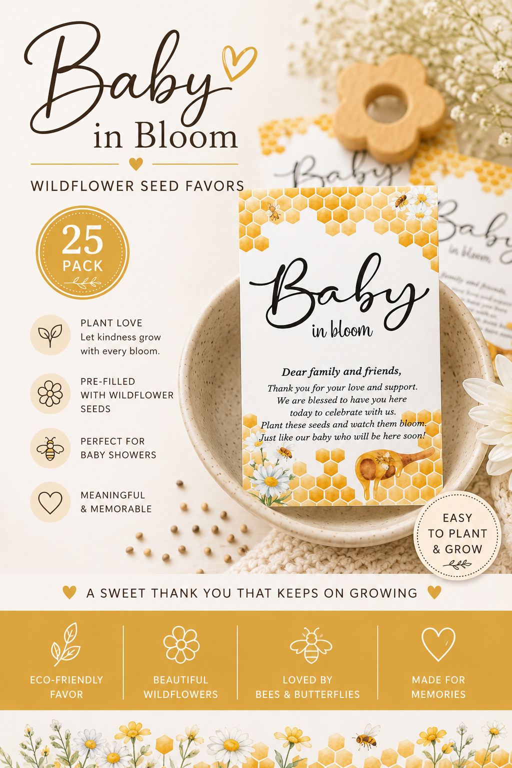 Baby in Bloom Bee Wildflower Seed Favors 25 Pack, Honeycomb Baby Shower Favors