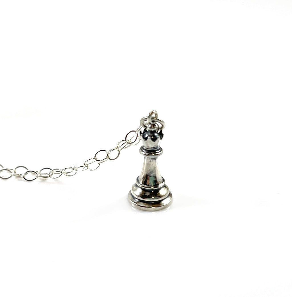 Solid Sterling Silver Queen Chess Necklace – 3D Charm on 18" Chain