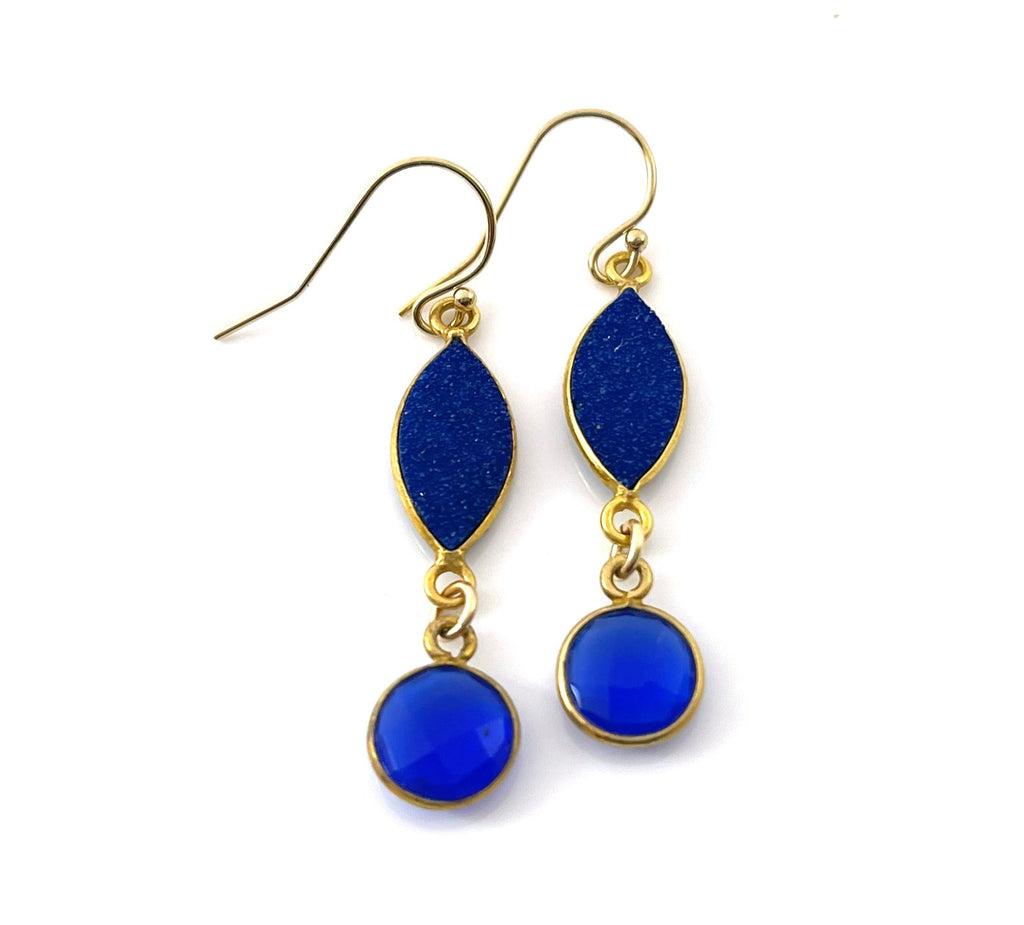 Blue Druzy & Blue Chalcedony Drop Earrings – 14k Gold Filled – Handmade in Raleigh NC – 1.5" Gift-Boxed Jewelry