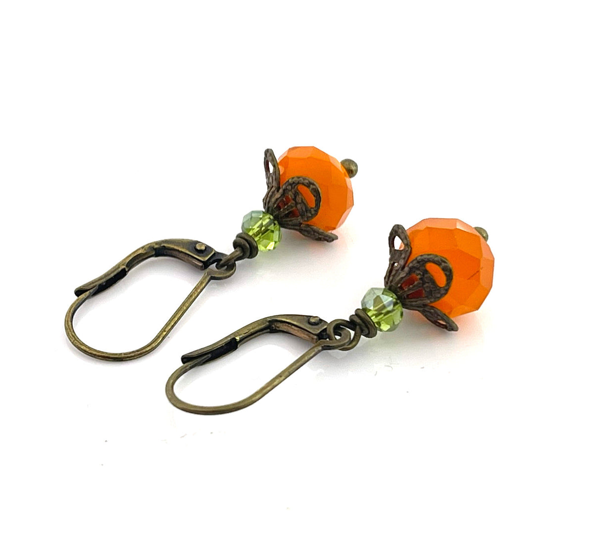 Czech Glass Pumpkin Earrings – Orange & Green Crystal Drop Earrings