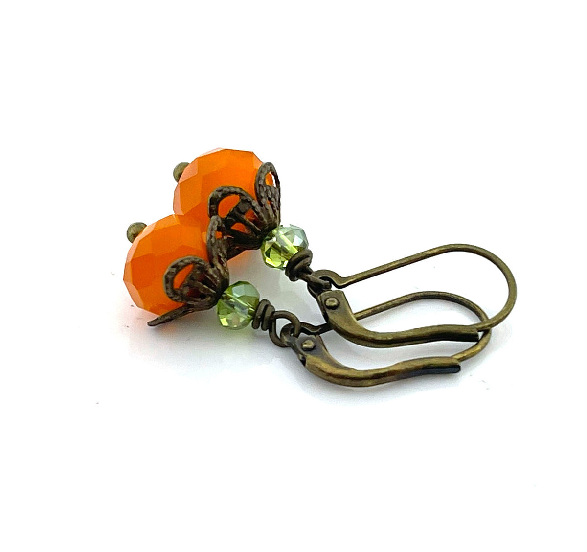 Czech Glass Pumpkin Earrings – Orange & Green Crystal Drop Earrings