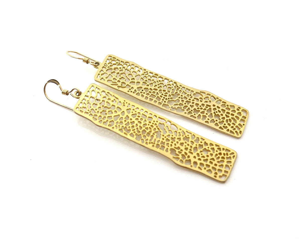 14k Gold Rectangle Filigree Dangle Mesh Earrings