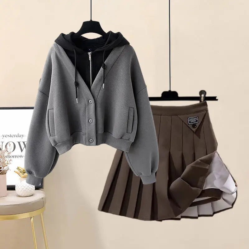 Hooded Zipper Top & Pleated Skirt Set Streetwear