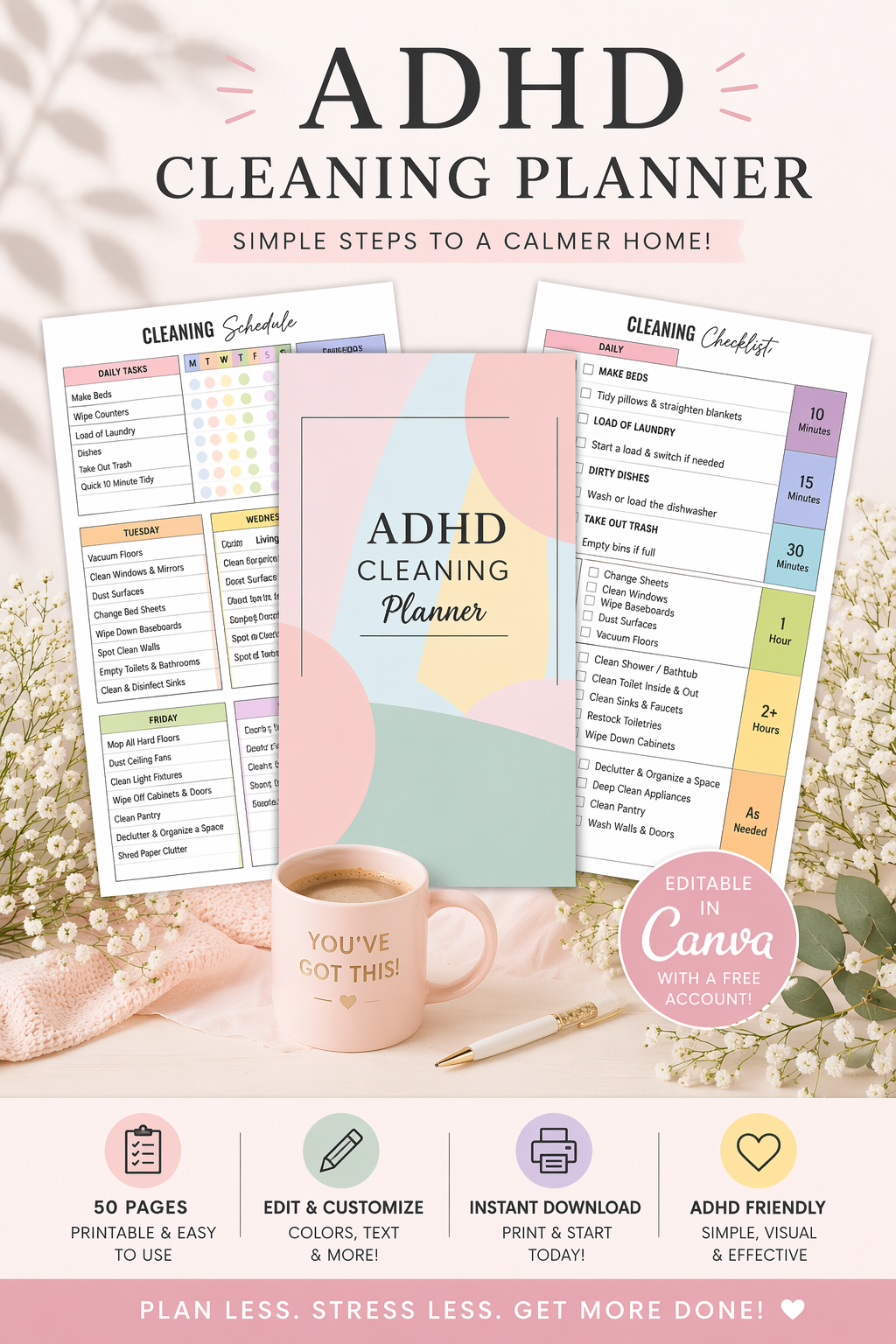 ADHD Cleaning Planner | 50 Pages Printable and Editable in Canva