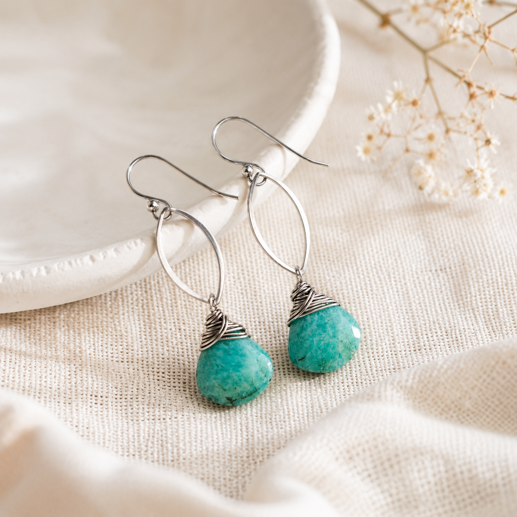 Amazonite Wire Wrapped Sterling Silver Earrings