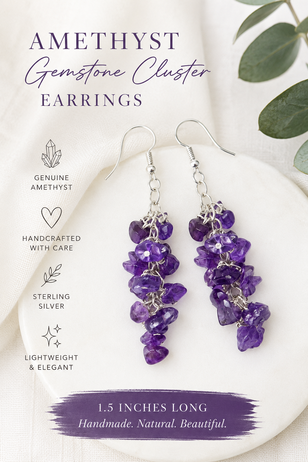 Amethyst Gemstone Wire Wrapped Cluster Sterling Silver Earrings