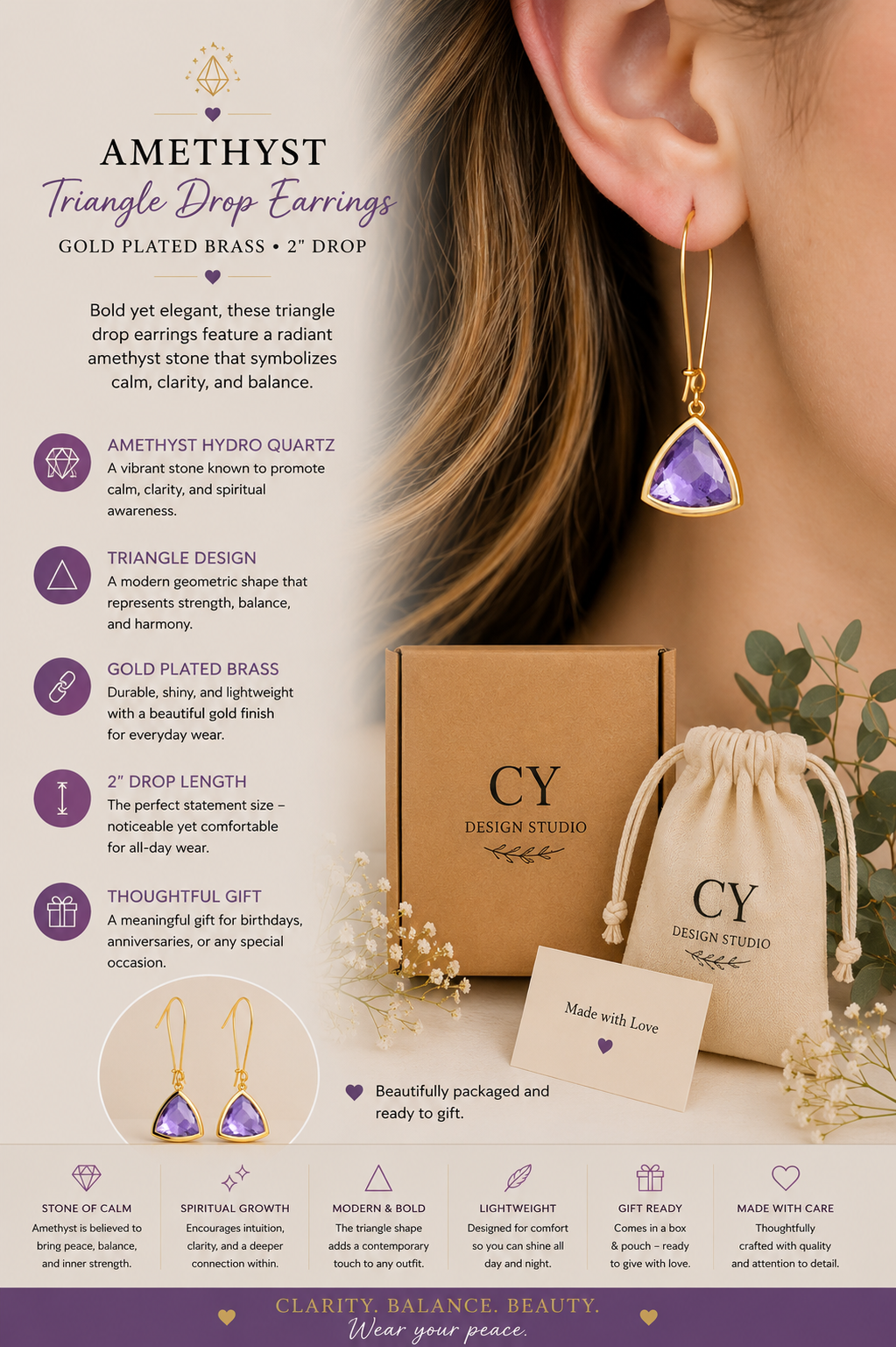 Amethyst Hydro Quartz Triangle Drop Earrings