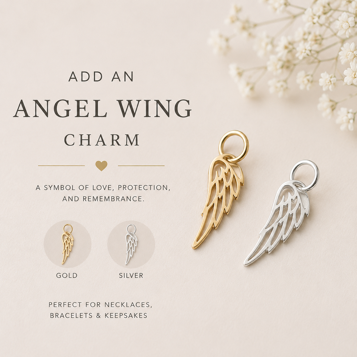 Add an Angel Wing Charm – Sterling Silver or 14k Gold Plate