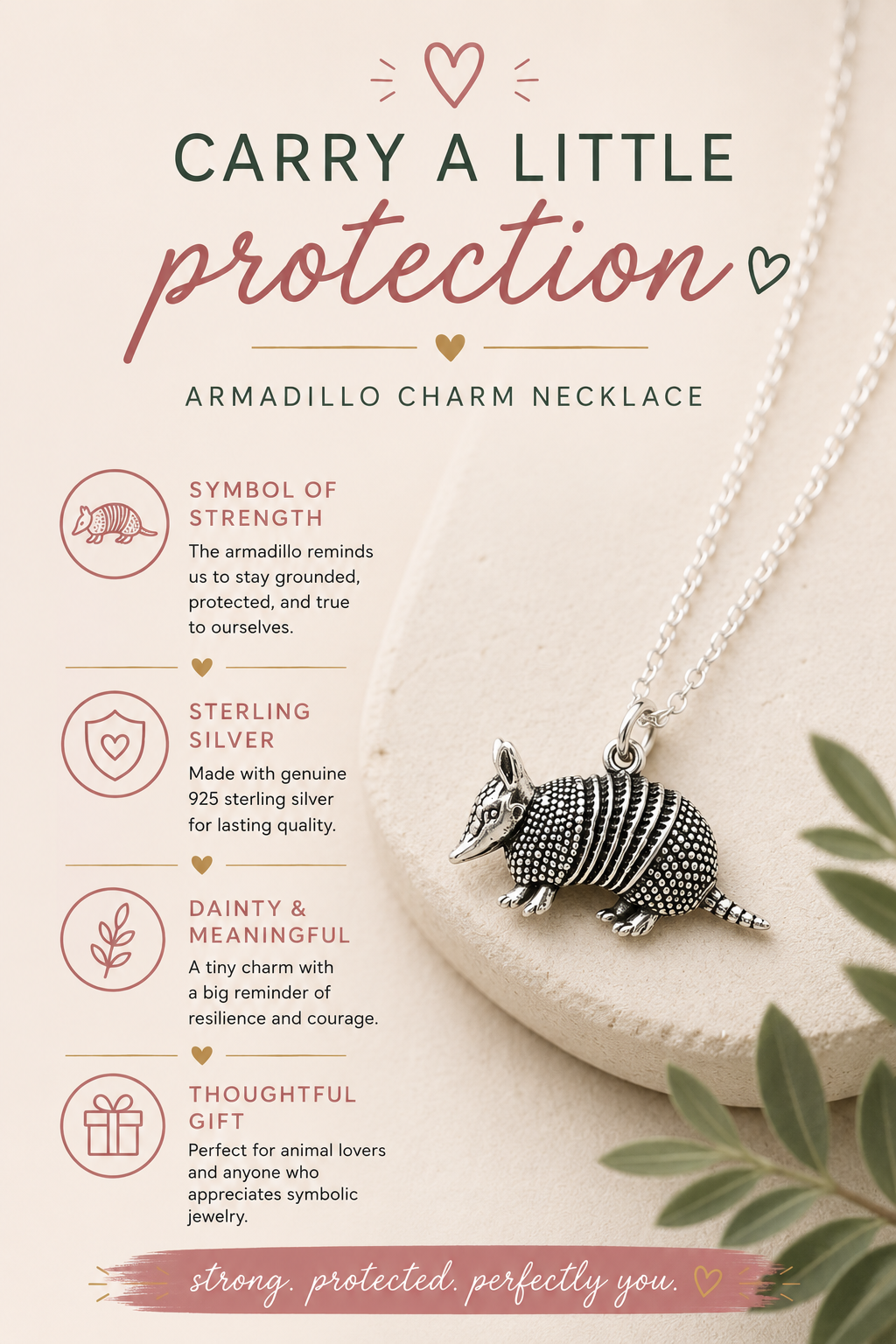 Armadillo Charm Sterling Silver Necklace - Handmade Jewelry