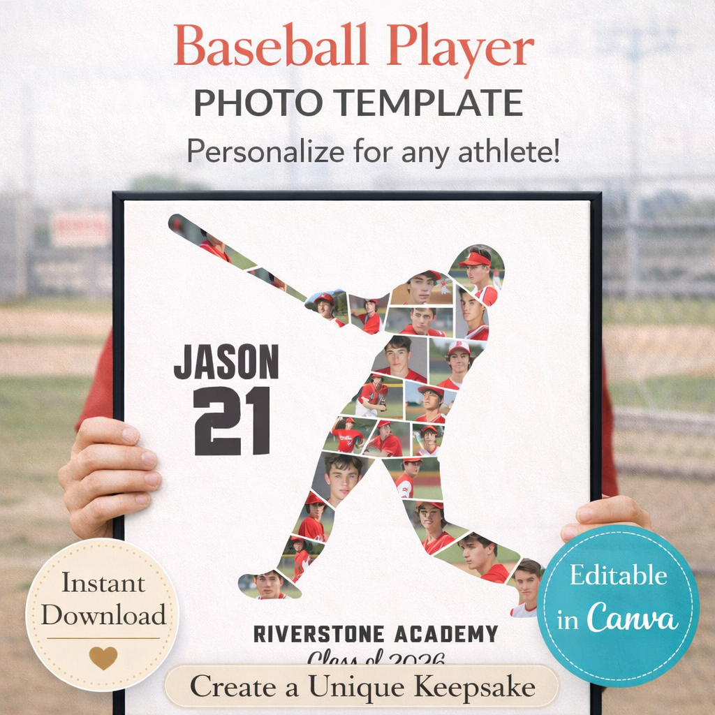 Baseball Player Photo Collage Canva Template – Customizable Memory Art