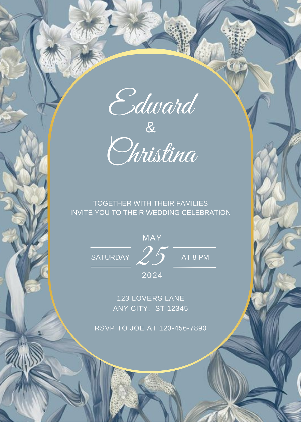 Elegant Blue Iris Wedding Invitation – Canva Editable Template