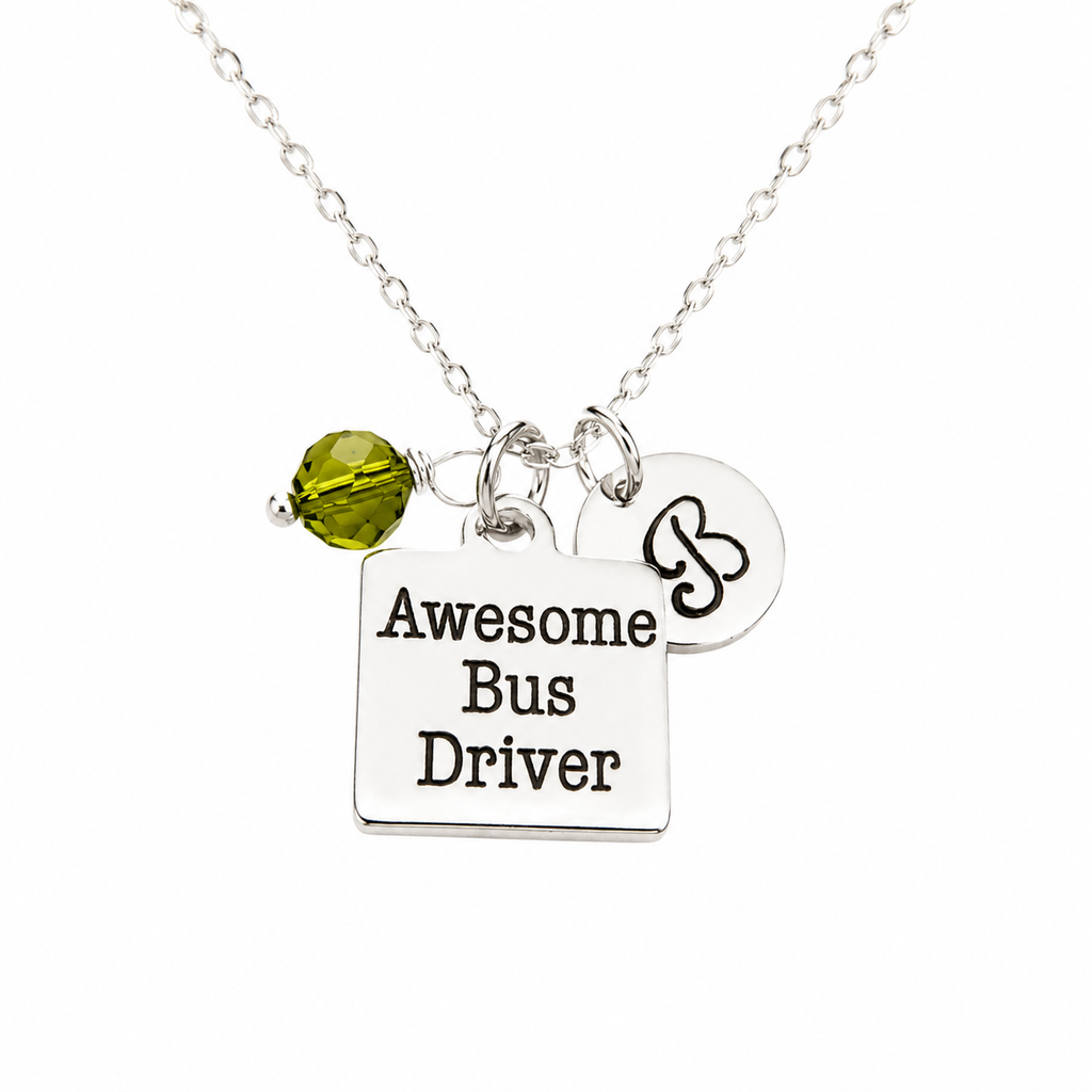 Personalized Bus Driver Necklace – Sterling Silver Chain with Birthstone & Initial
