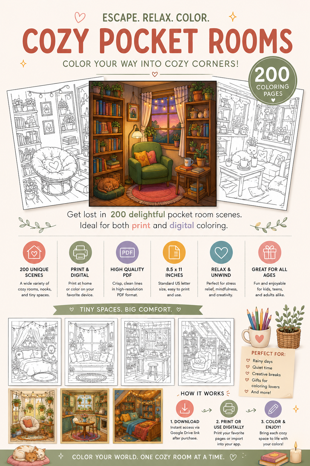 200 Cozy Pocket Room Coloring Pages – Printable PDF or Use Digitally