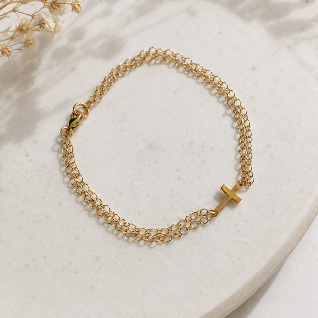 14k Gold Filled Cross Bracelet – Double Chain Layered Bracelet