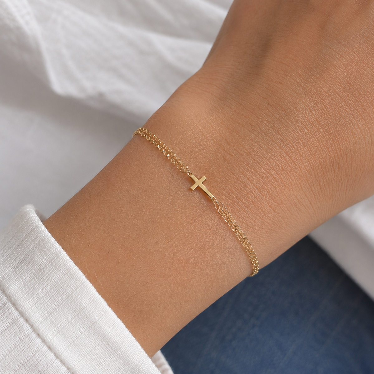14k Gold Filled Cross Bracelet – Double Chain Layered Bracelet