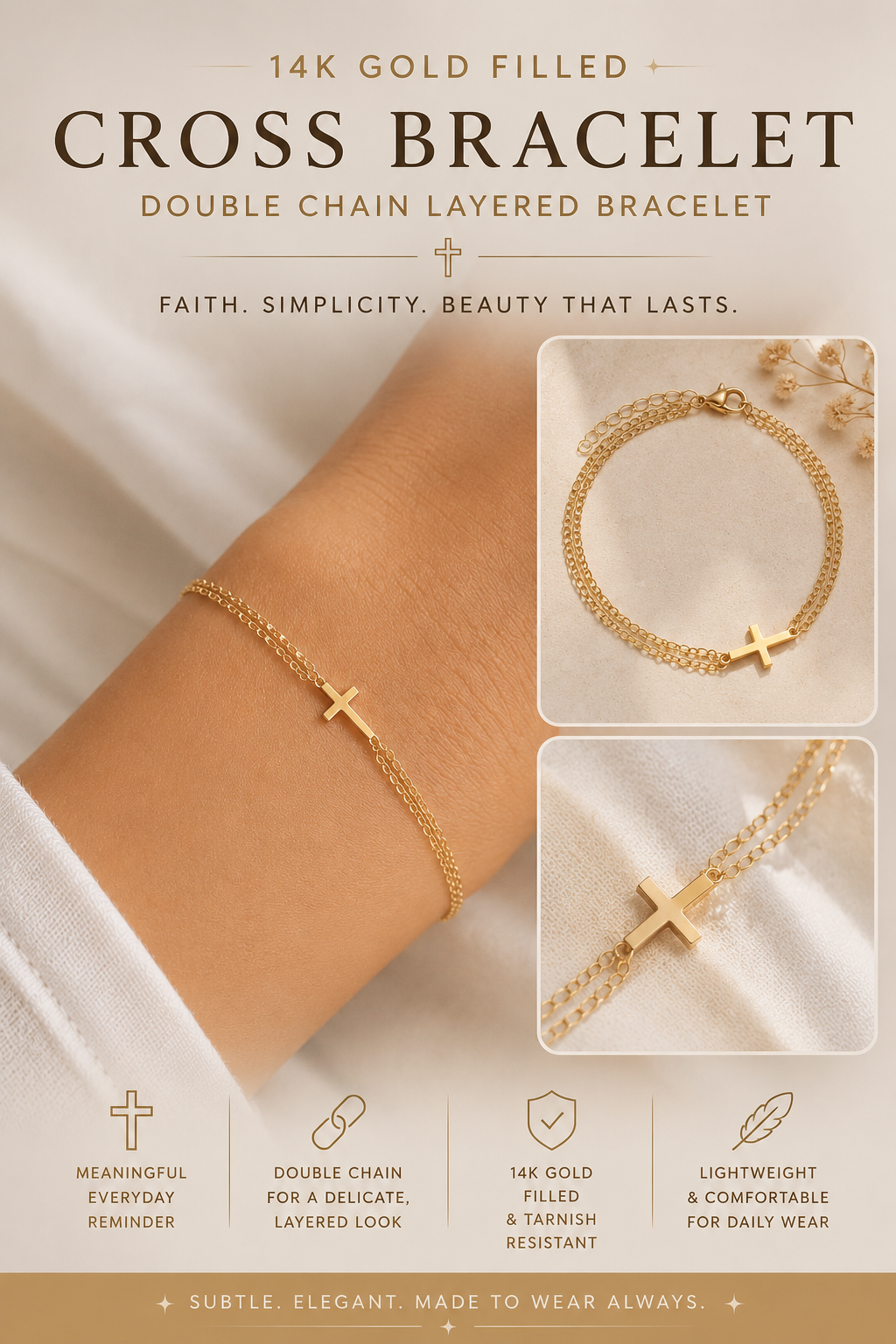 14k Gold Filled Cross Bracelet – Double Chain Layered Bracelet