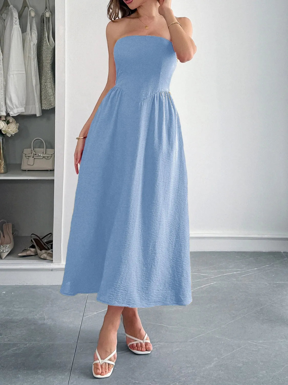 Strapless A-Line Midi Dress with Pockets
