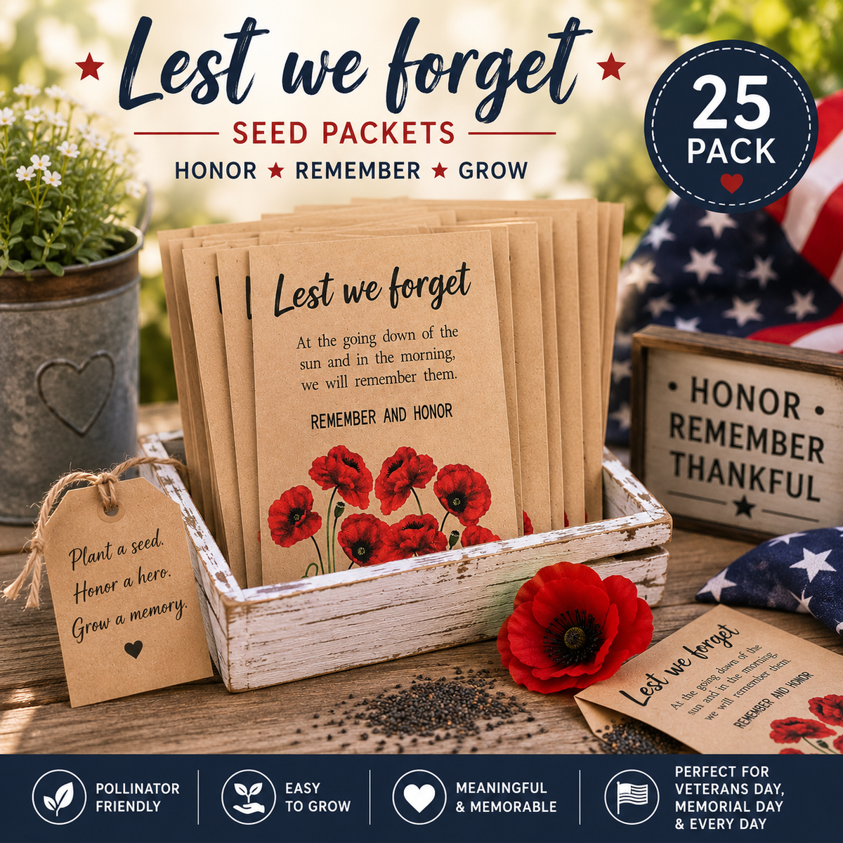 25 Memorial Seed Packets | Lest We Forget Favors | Veterans Day Gifts