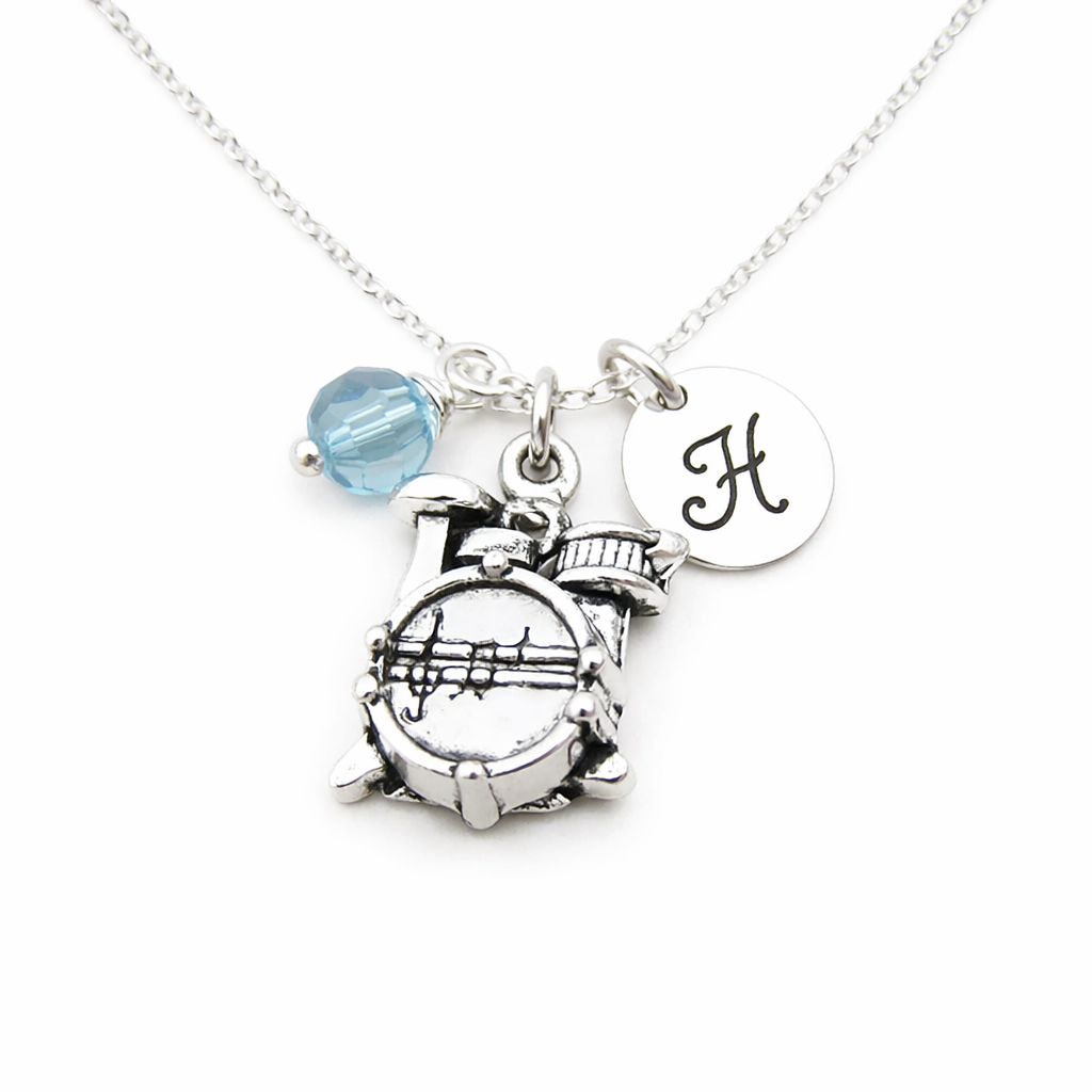 Drums Necklace – Sterling Silver with Birthstone & Initial Charm