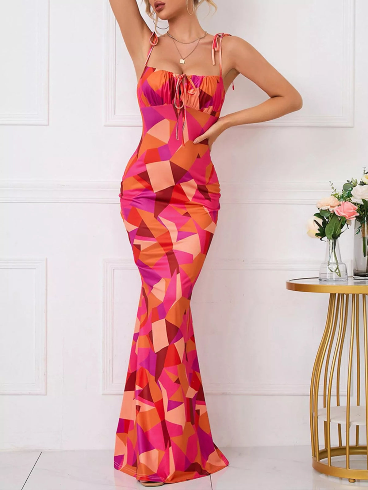 Floral Print Tie Strap Bodycon Maxi Dress