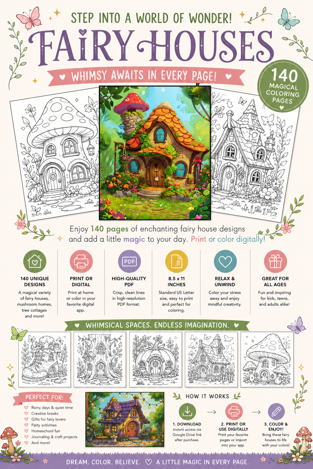 140 Enchanting Fairy Houses Coloring Pages – Printable PDF or Digital Use