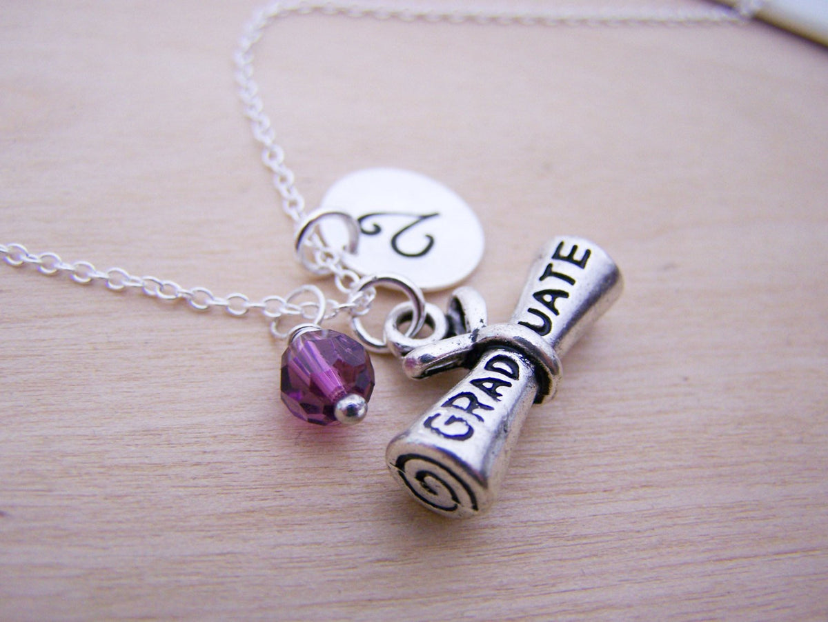 Personalized Sterling Silver Graduation Diploma Necklace – Initial & Birthstone