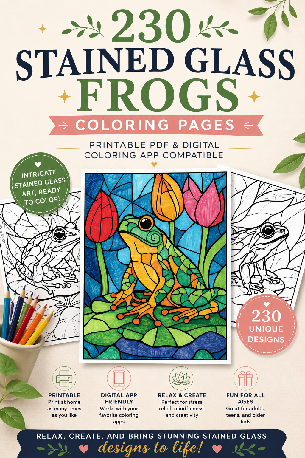 230 Stained Glass Frogs Coloring Pages – Printable PDF & Digital Coloring App Compatible