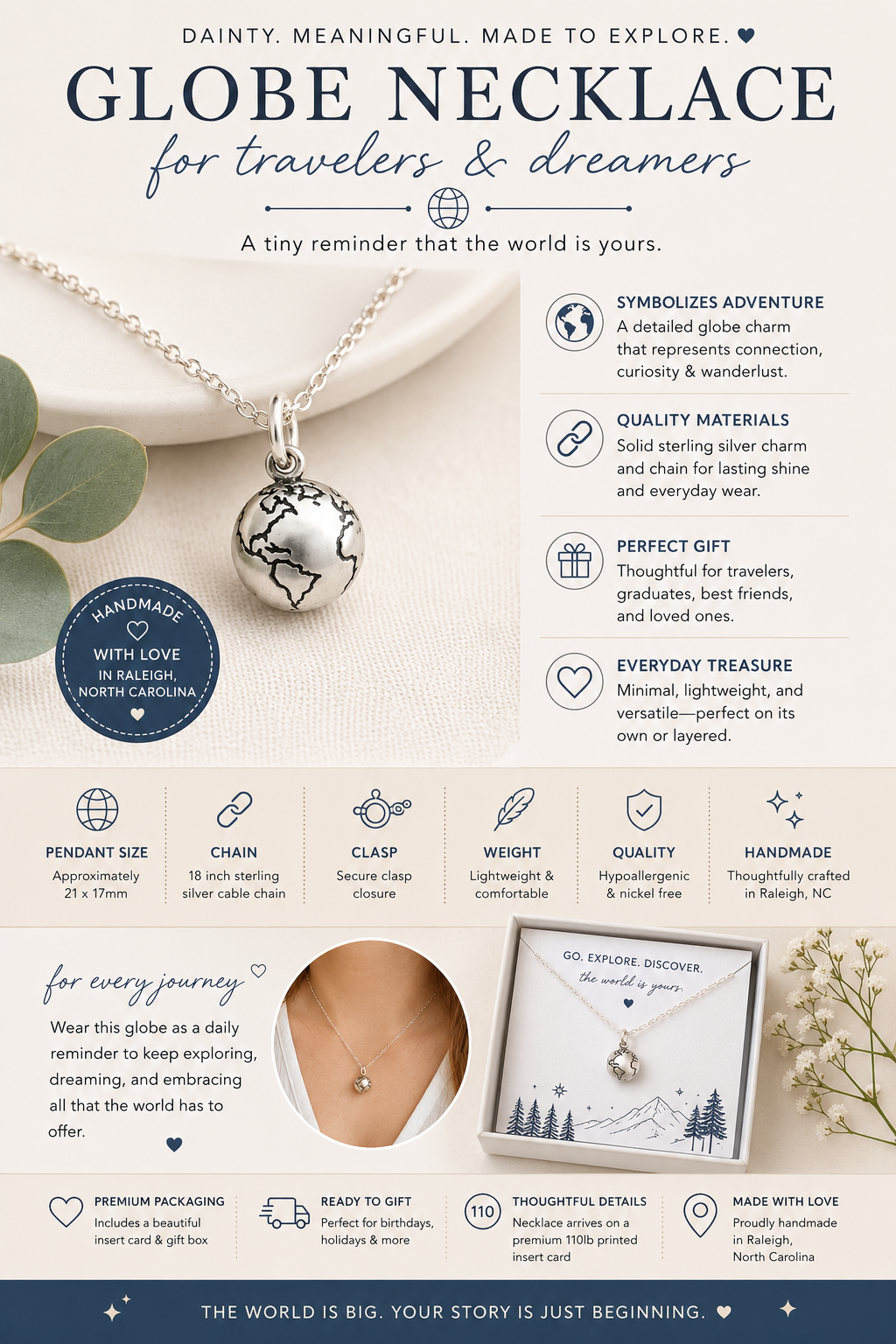 Sterling Silver Globe Necklace – Dainty Earth Charm Necklace – Travel Inspired Jewelry