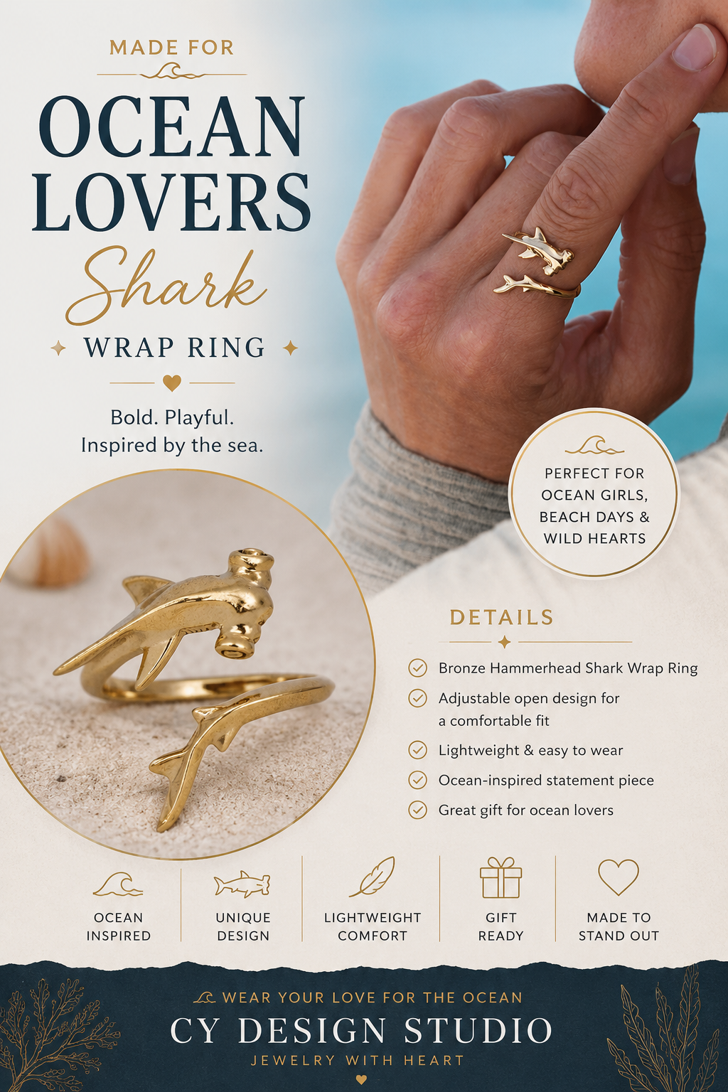 Bronze Hammerhead Shark Wrap Ring