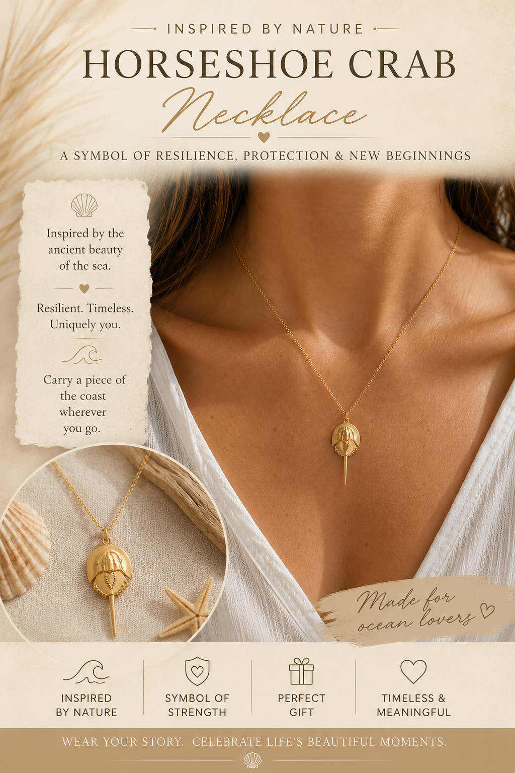 Horseshoe Crab Necklace | Bronze Coastal Pendant on Gold Filled Chain