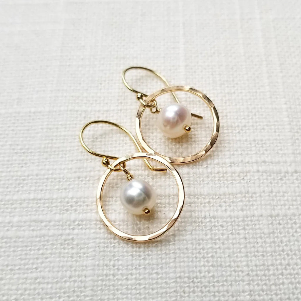 Orbit Pearl Earrings – Hammered Gold Filled Hoops with Freshwater Pearls